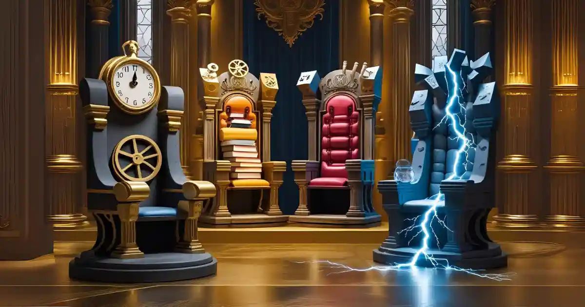 Superpower quiz throne room - choose your heroic seat: clock, barbell, brain, or lightning chair