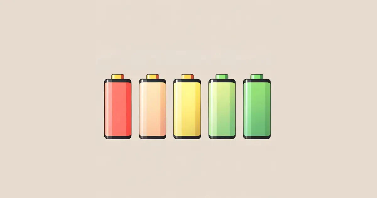 Four battery icons showing different energy levels from empty to full, each in a different color