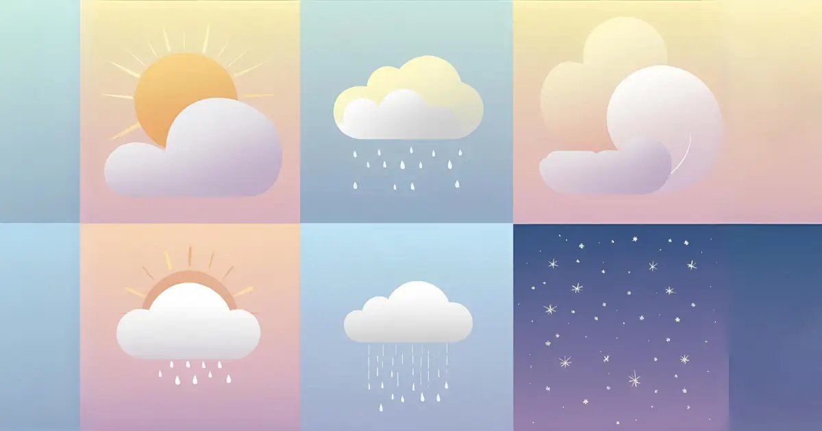 Set of weather icons showing sunny, cloudy, rainy, and stormy moods on a soft pastel background