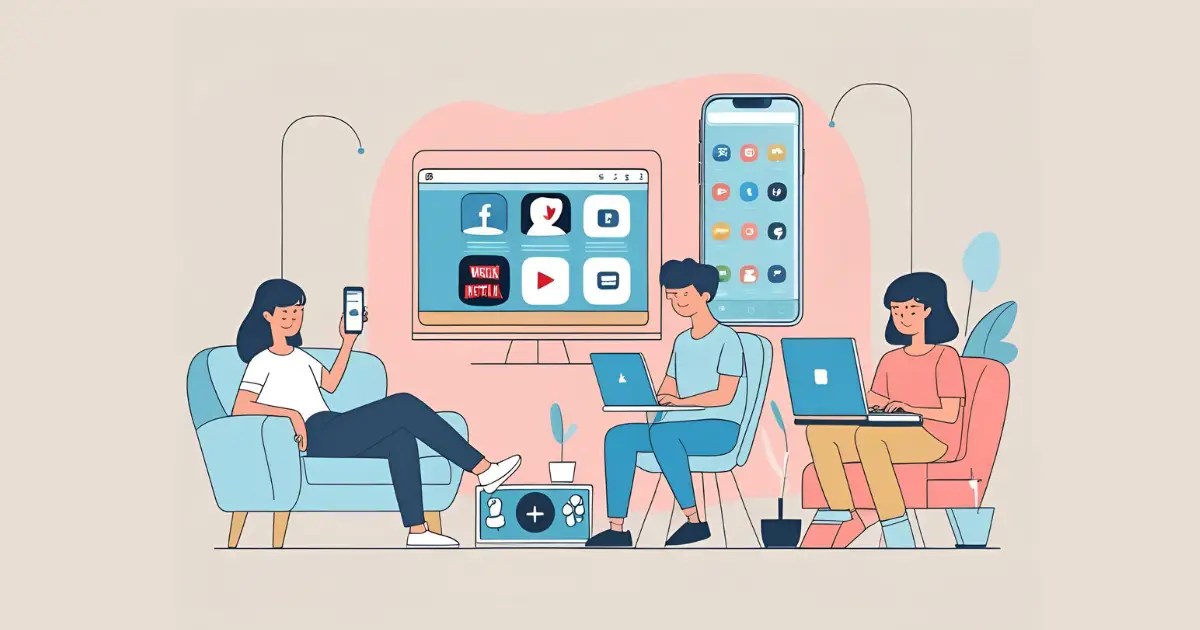 Illustration of people engaging in screen time activities like watching TV, scrolling social media, working on a laptop, and gaming