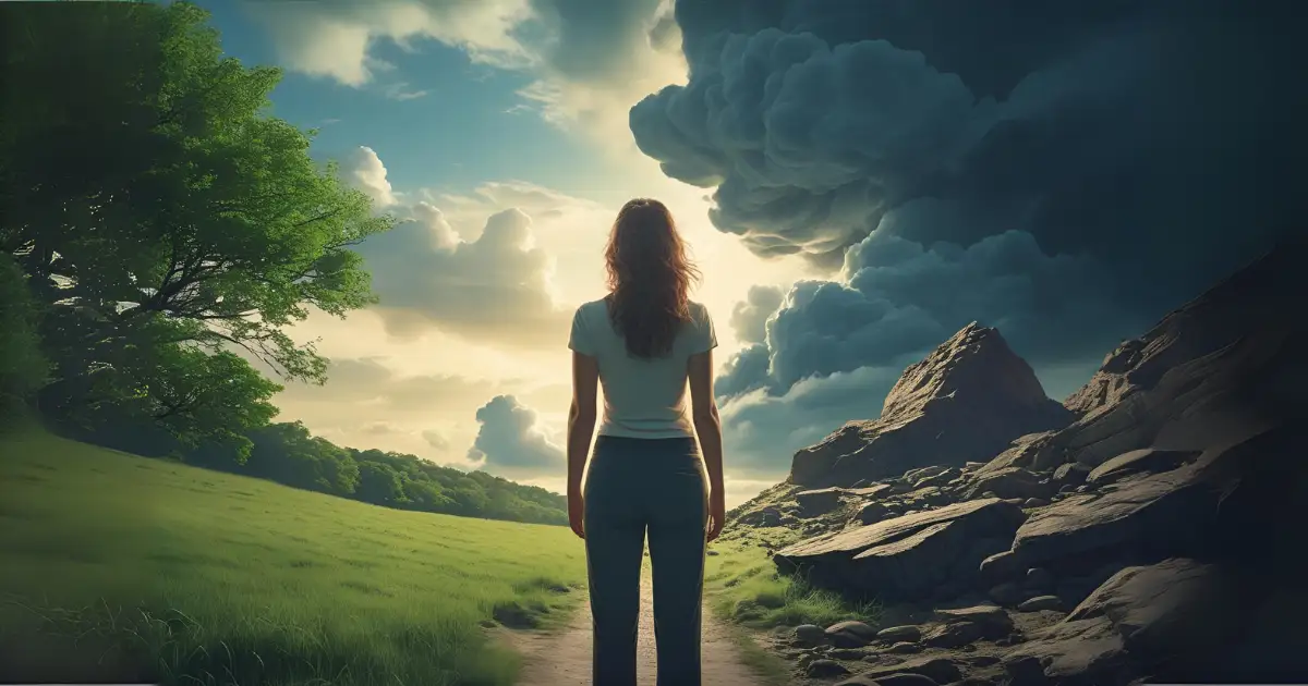 Woman standing between two pathss