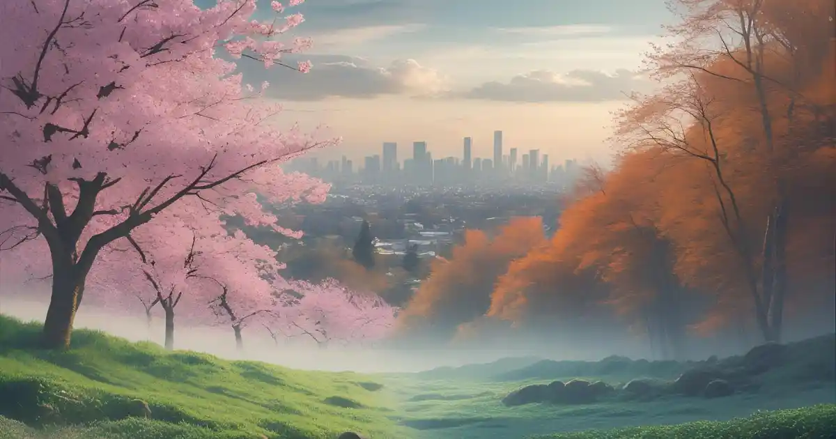 Surreal dreamlike landscape blending cherry blossoms and autumn forest with city skyline