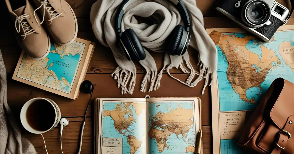 Flatlay of comforting travel items including journal, scarf, tea, and vintage camera on wooden table