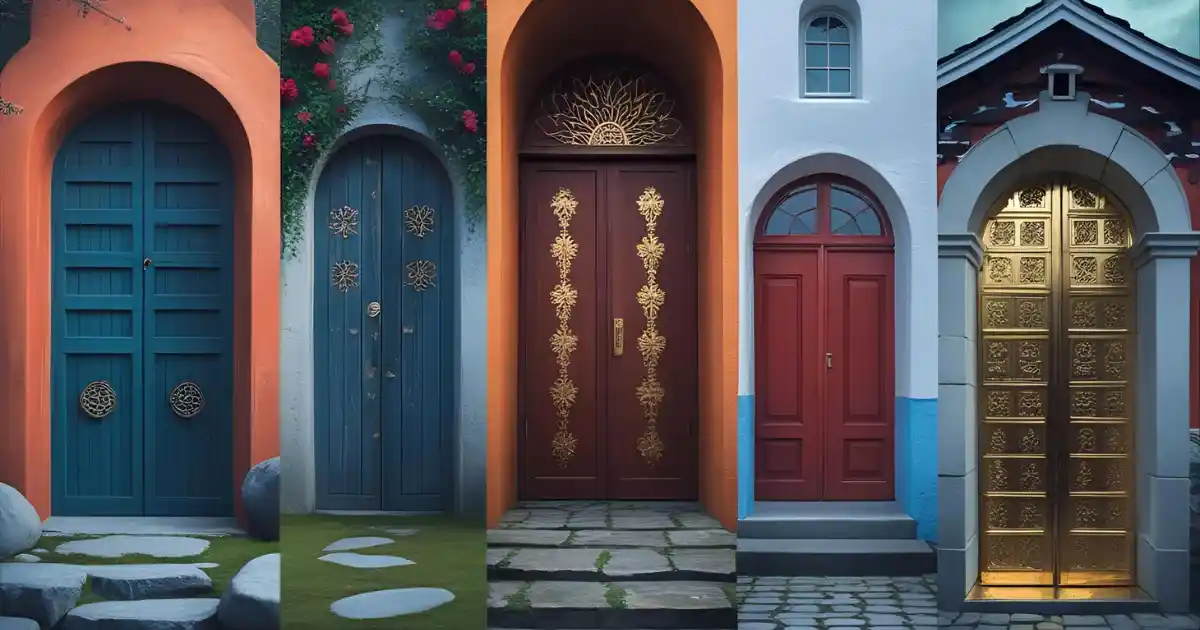 Symbolic doors representing different life journeys: temple gate, floral archway, fjord path, alpine cottage, historic gate, golden alley