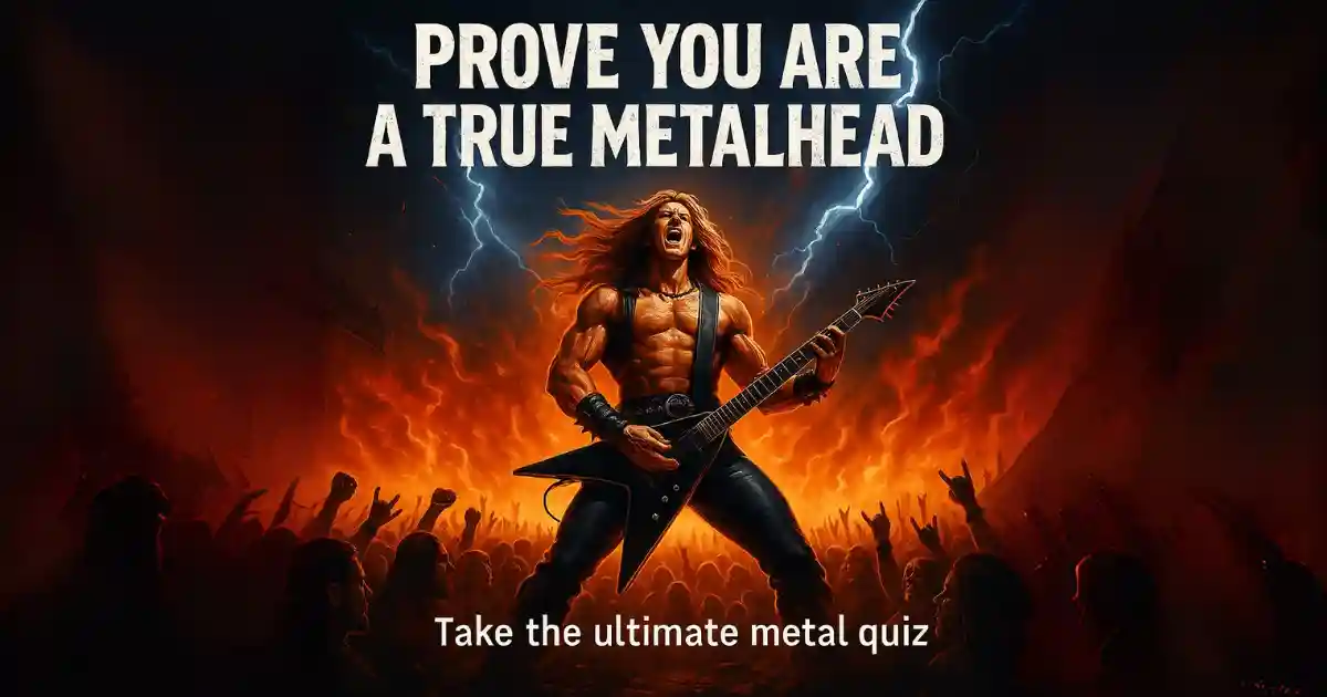 Metalhead quiz cover image β guitarist shredding live with fire and lightning
