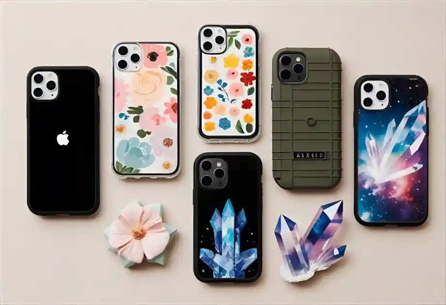 Flatlay of diverse phone case designs representing user personality types in a viral smartphone psychology quiz.