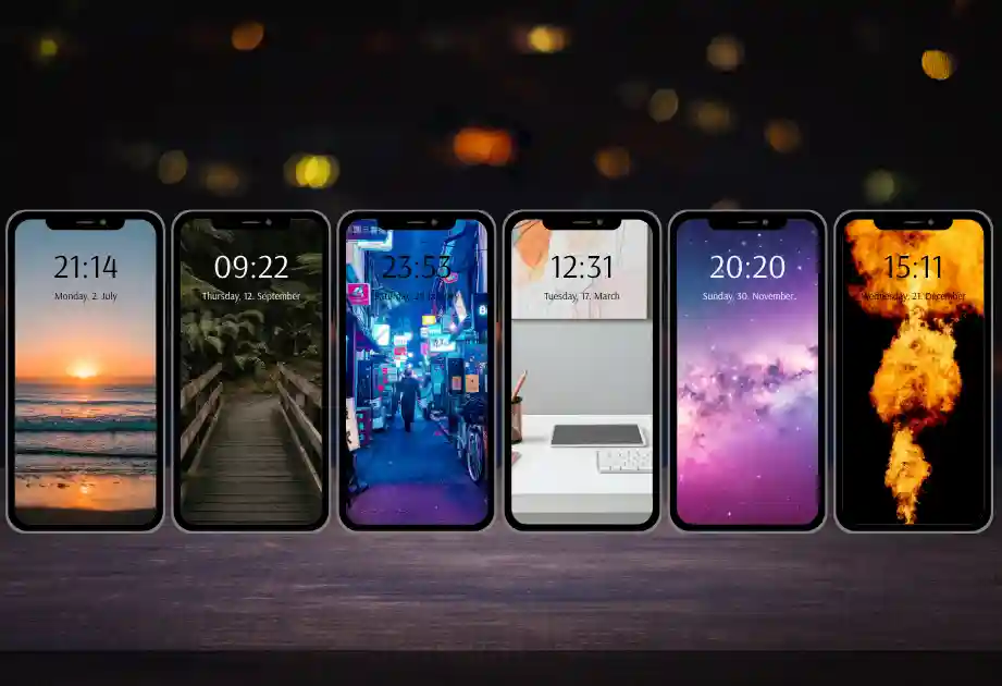 Phone lock screens representing personality types — sunset, foggy woods, neon lights, minimalist desk, surreal art, and firestorm — for the viral phone personality quiz on Quizend.
