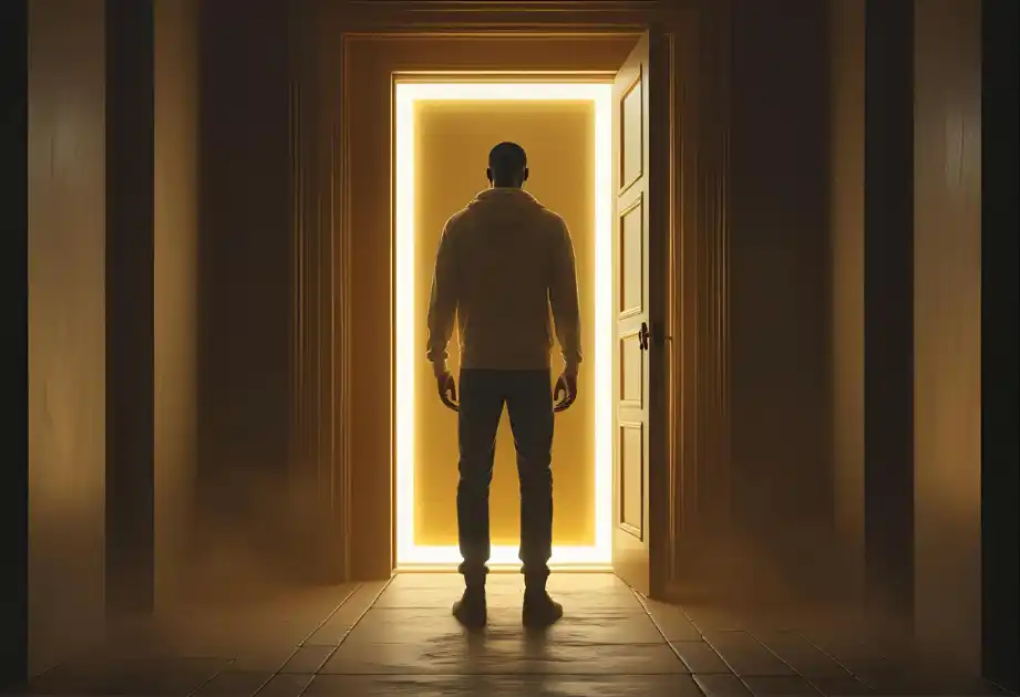 will i be rich quiz. Dreamlike hallway with a glowing golden door symbolizing unexpected opportunity and personal breakthrough