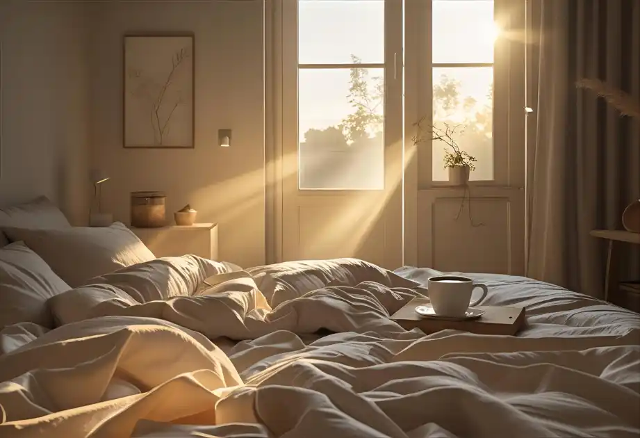 will i be rich quiz. Minimalist cozy bedroom on a quiet Sunday morning – soft warm light, calm atmosphere, peaceful setting for personal reflection