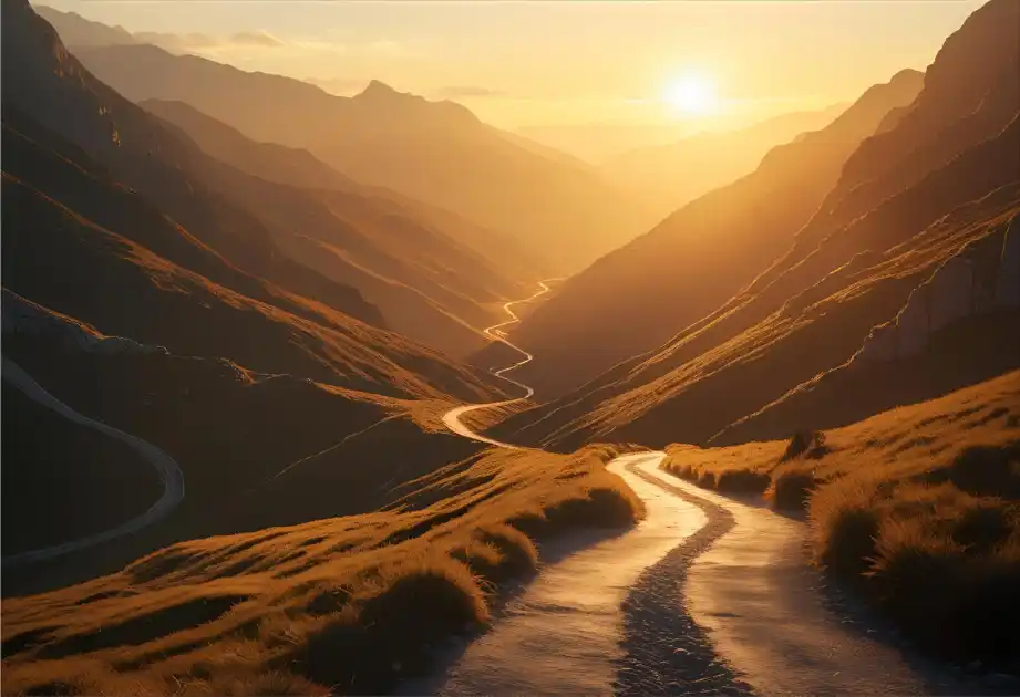 will i be rich quiz. Golden sunrise over a winding mountain road symbolizing fresh starts and bold new beginnings