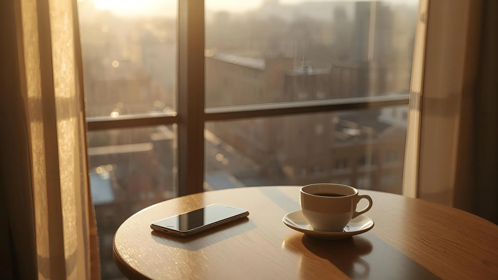 Golden morning light over a quiet table; a phone rests to the side. Warm beige with subtle olive accents—calm, spacious, welcoming.